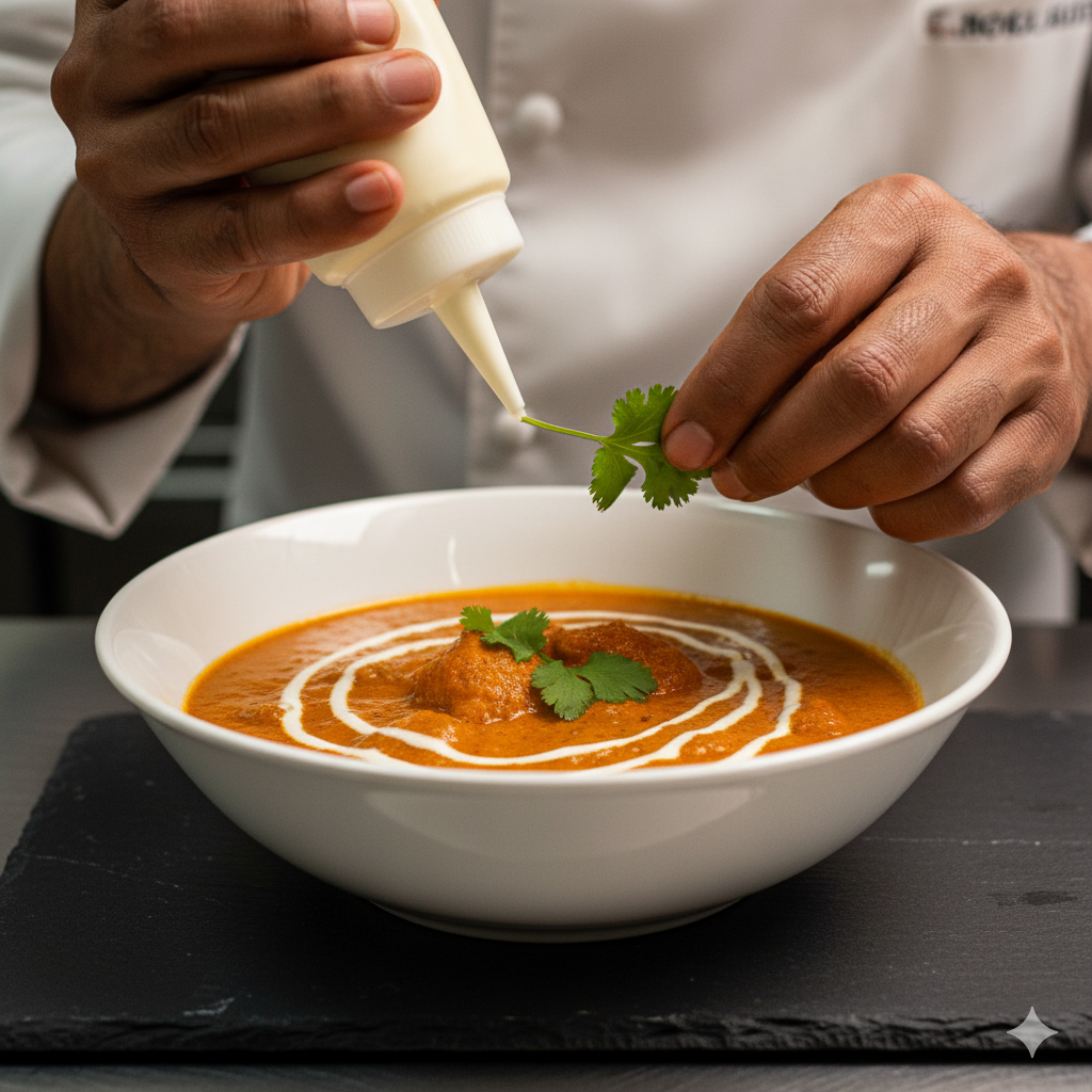 A chef garnishing a dish